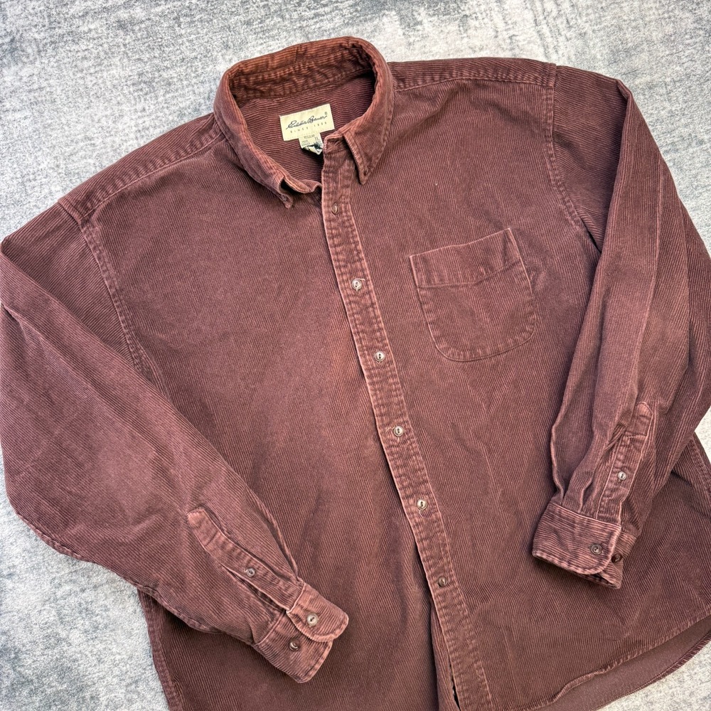 VTG Eddie Bauer Corduroy Shirt Mens XL Brown Heavy Cotton Workshirt Oversized - Picture 2 of 9